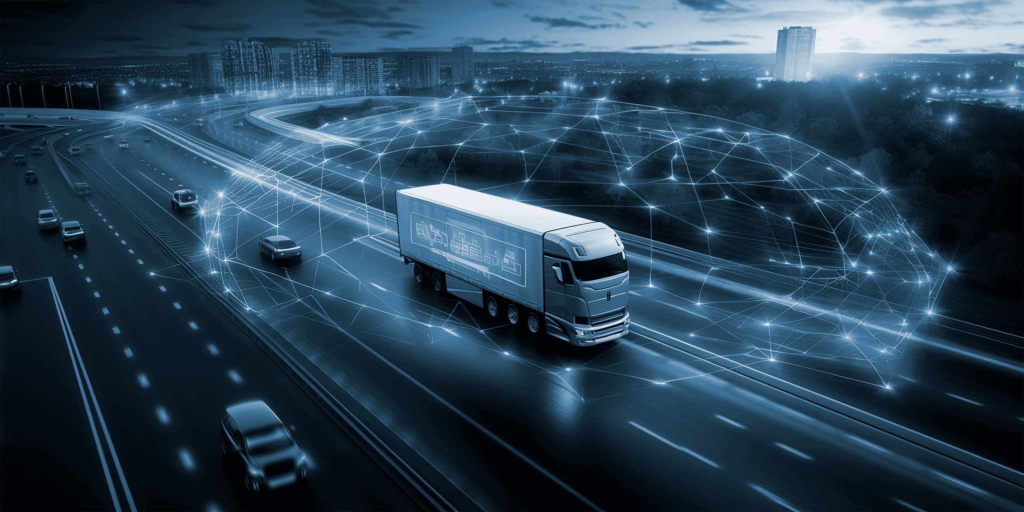 A truck on the road with elements such as pointer and facial mapping representing technology.